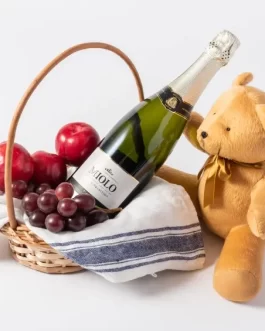 Cesta com Champagne, Frutas e Pelúcia