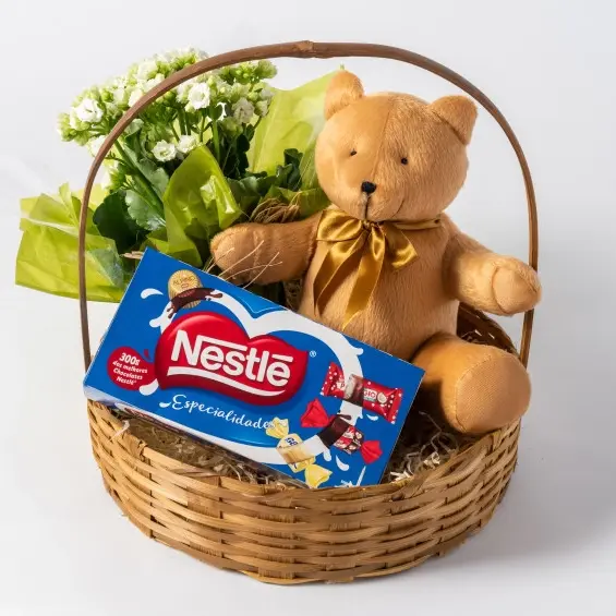 Cesta de Chocolate, Flores e Pelúcia