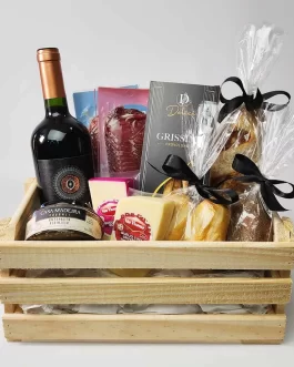 Cesta com Salame, Queijos, Pães e Vinho – Caixa Queijos e Vinho
