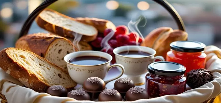 Cesta de café da manhã gourmet e chocolates em Rio Preto, com pães frescos e doces